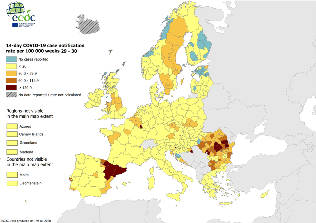 brechtdv's tweet photo. Nu België in zijn geheel oranje kleurt volgens @ECDC_EU, lijkt het misschien interessant om de ECDC-kleurencodes ook eens op gemeenteniveau toe te passen #COVID19BE 

Tussen en 19/7 en 1/8 werden 5091 gevallen vastgesteld (364 per dag). 132 gemeenten waren coronavrij (23%) https://t.co/yq8UAM6q7X