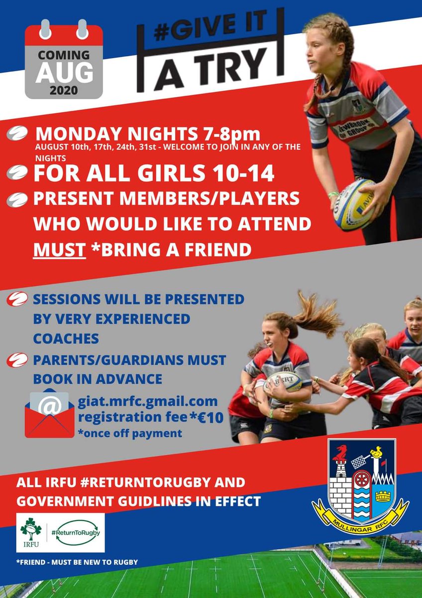 MaherOBrien's tweet photo. Any young ladies looking to give rugby a try @mullingar_rfc, follow the instructions below! Looking forward to catching up with ye 🏉 @Midlands_Rugby @LeinsterBranch @IRFURugby #FromTheGroundUp https://t.co/euMBHfBjN6