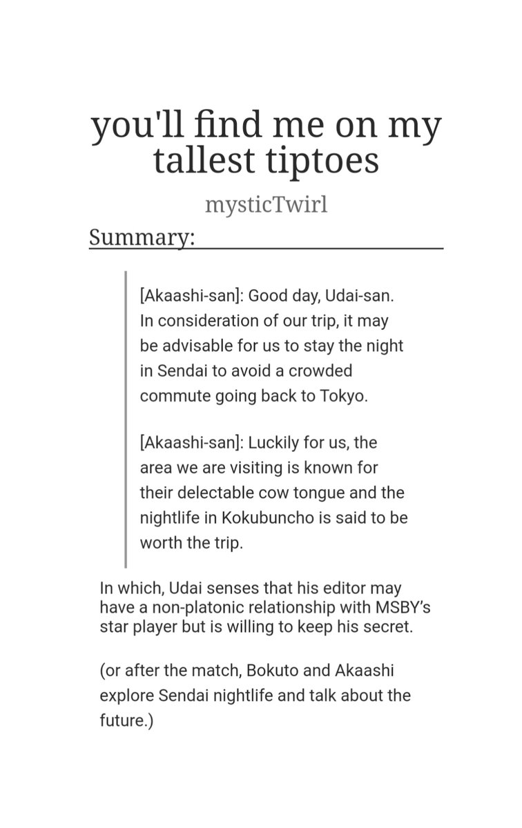 Udai suspects that his editor may have a non-platonic relationship with MSBY's star athlete, but he can keep a secret. archiveofourown.org/works/25482535 16.2K | post-401 date, cow tongue, udai | #bokuaka #bkak For Day 3: Future #BokuakaWeek