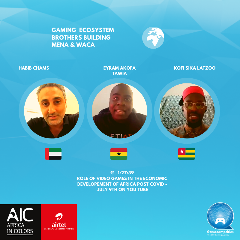 thegamecamper's tweet photo. #Gaming Ecosystem Brothers 's Building from #MENA to #WACA , an @africaincolors #LIVE with @eyramtawia , #LetiArts ceo & co-founder @DGCGAMESDUBAI 's founder Habib Chams moderated by @kofisikaandI https://t.co/FALXGazj15 #gcc360 #creativeindustries @airtelrdc @Airtel_GA https://t.co/wvFpM50I7G