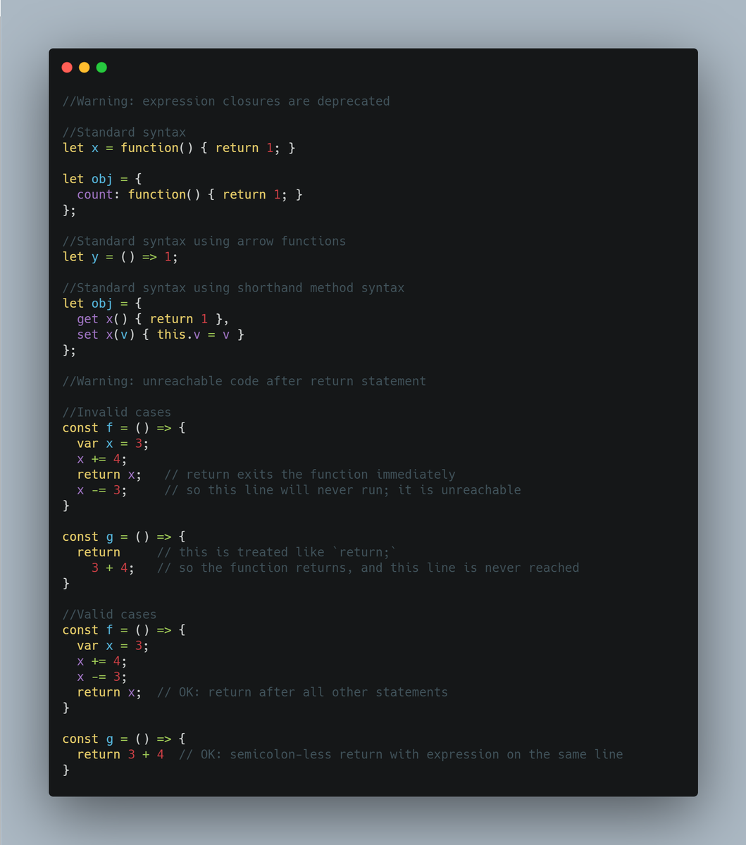 frontend_fox's tweet image. Day 93 of the #100DaysOfCode challenge.
expression closures are deprecated
Se & unreachable code after return statement Warning in javascript.
#javascript #reactjs #FrontEnd #womenintech #WomenWhoCode