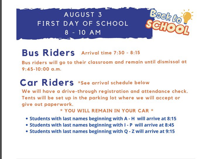 CentervilleInt1's tweet photo. Parents please take a moment to read this important information regarding tomorrow. It is SO IMPORTANT that you arrive on time. Early &amp; late arrivals will cause traffic problems in our parking lot, especially at bus arrival &amp; pickup time. Thank you ,we look forward to seeing you https://t.co/5US6vZTZqO