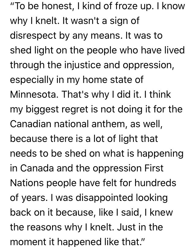Here’s the full quote from Dumba on kneeling for the U.S. anthem and not the Canadian anthem:
