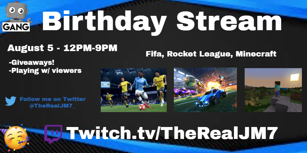 TheRealJM7_'s tweet photo. Birthday Stream!

📲 August 5, 12PM-9PM UK Time

📺https://t.co/ZFnK6ufymd https://t.co/OPRHi2jobL