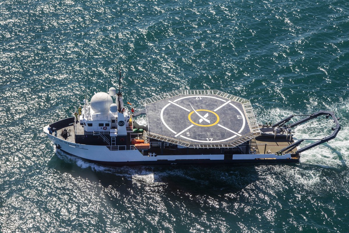 Crew Dragon is targeting a landing off the coast of Pensacola, one of 7 potential landing sites around Florida. SpaceX's recovery boat GO Navigator will meet up with the capsule to hoist it out of the water. (Pictured is Go Searcher, a similar boat for east coast recoveries)