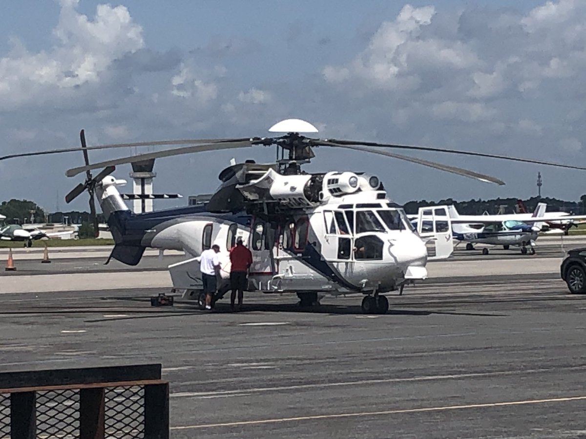 WEARTV_Showers's tweet photo. #HappeningNow The EC-225  Helicopters that will pluck NASA Astonauts from the Gulf waters are being fueled up and inspected for flight at the Pensacola Aviation Center. @weartv will have live coverage of the splash down from space on WEAR-TV and on Facebook . @WEARTV_Showers https://t.co/NNfpTk65t9