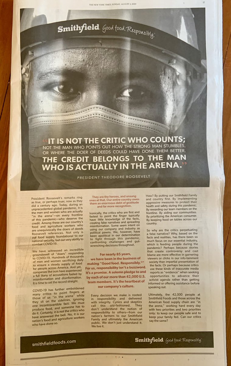 I just opened my Sunday NYT to see a full page ad from  @SmithfieldFoods accusing its “critics” (e.g. the press, at least in part) of spreading “false narratives,” “misinformation,” and “disinformation” about its Covid-19 response. I have, unsurprisingly, some thoughts on that.