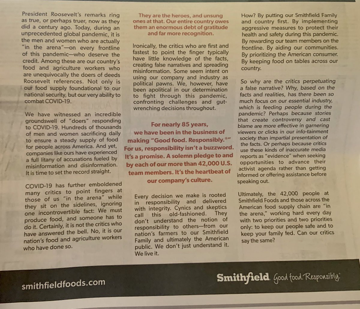I just opened my Sunday NYT to see a full page ad from  @SmithfieldFoods accusing its “critics” (e.g. the press, at least in part) of spreading “false narratives,” “misinformation,” and “disinformation” about its Covid-19 response. I have, unsurprisingly, some thoughts on that.