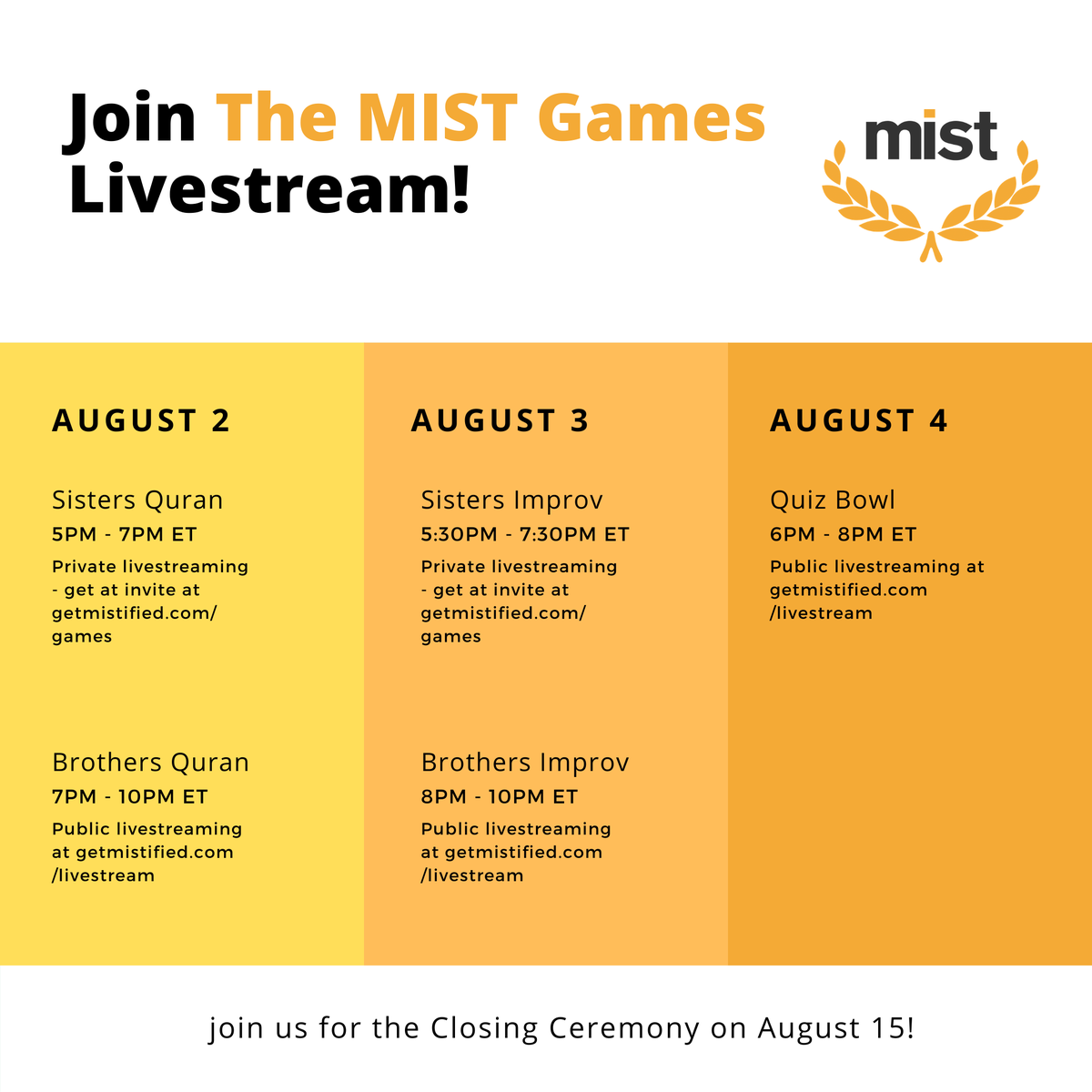 Join The MIST Games Livestream: Brother &amp; Sisters Quran &amp; Improv, &amp; Quiz Bowl! Join at: getmistified.com/livestream #LinkInBio #TheMISTGames #JoinNow