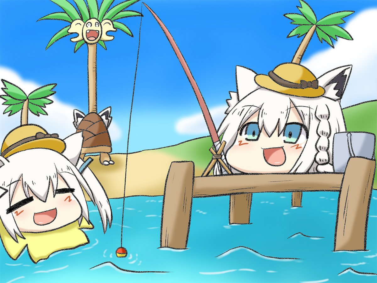 shirakami fubuki fishing rod fishing white hair animal ears fox ears open mouth hat  illustration images