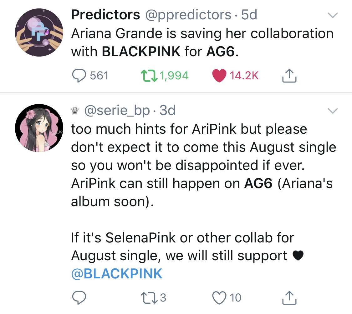 Although there has been an ongoing debate that the collab is really with Ariana, it has also been rumored that Ariana will actually be collabing with BLACKPINK for their album or AG6 and not the August pre single.