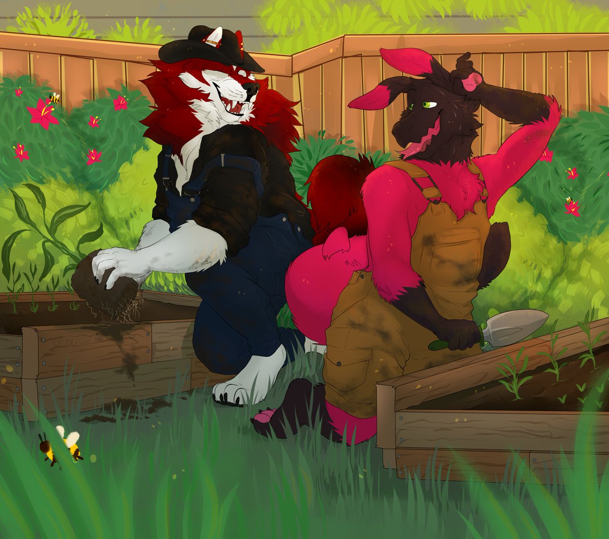 chubchow's tweet image. gardening themed commission for @SlimeDevil and @Rabbitasaur !! 🌱🌼🌾🍃