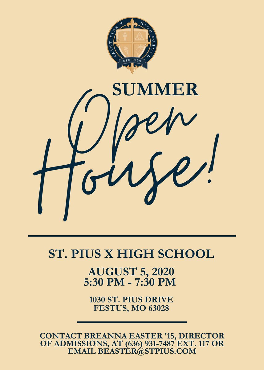 stpxlancers's tweet image. St. Pius X will be hosting our first ever Summer Open House this Wednesday, August 5 from 5:30 to 7:30 PM. We invite all prospective students to our campus for a 1 on 1 tour to see what life is like at St. Pius X.