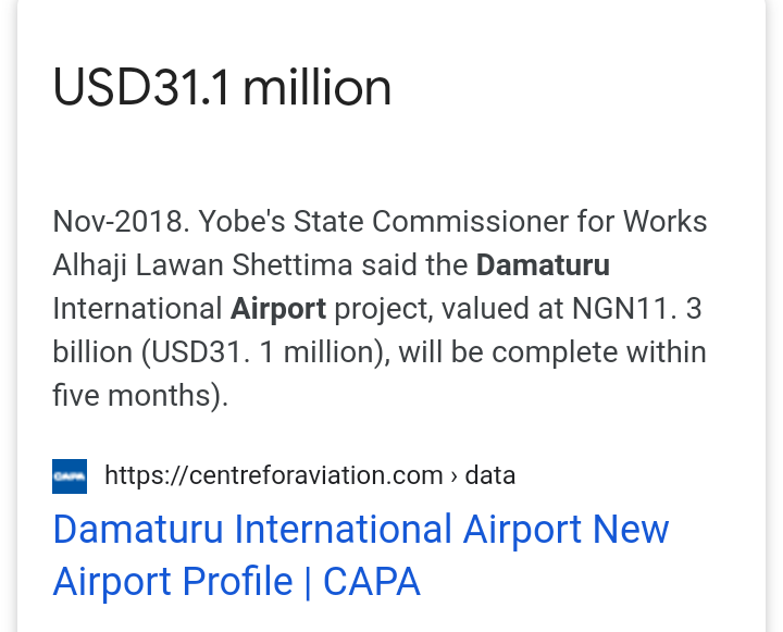 Also quick mention: Damaturu Cargo Airport.Amidst its security challenges, Yobe state somehow found N11.3bn to spend on a "cargo airport."