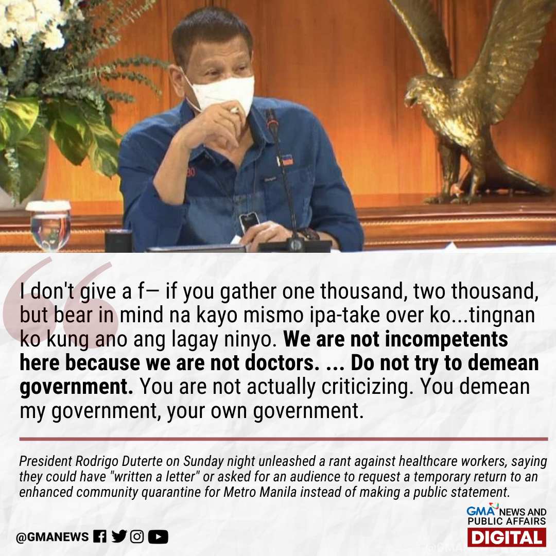 gmanews's tweet photo. In a late-night briefing, President Duterte started out expressing sympathy for health workers. As he went on, however, his tone became harsher as he told health workers that they are trying to "demean" the government. https://t.co/uve1MSVcJc https://t.co/PuLcUDoPPI
