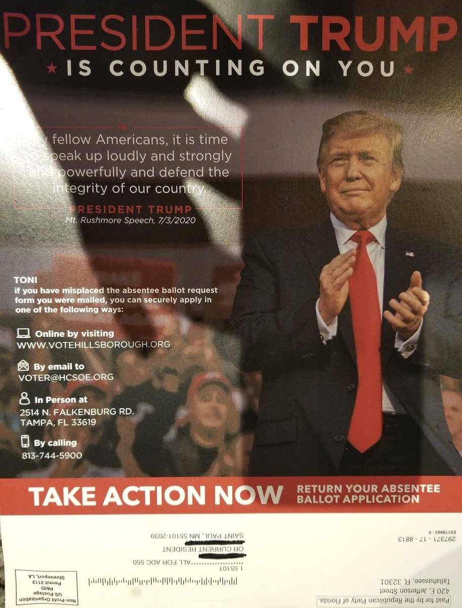 So thank you to Toni for providing this mailer to him in Minnesota so they can get his absentee ballot for Florida. Paid for postage to return the absentee ballot application all in one mailer. More proof  #VoteByMail is fine for Republicans but not Democrats.