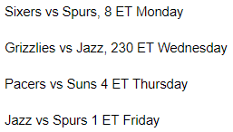 NateDuncanNBA's tweet photo. Great news, thanks to your viewership and great feedback  the NBA has @DannyLeroux and me announcing three more games this week! Here's the updated schedule, available for League Pass subscribers or individual game purchase in the app. https://t.co/Xo3btXxBoq