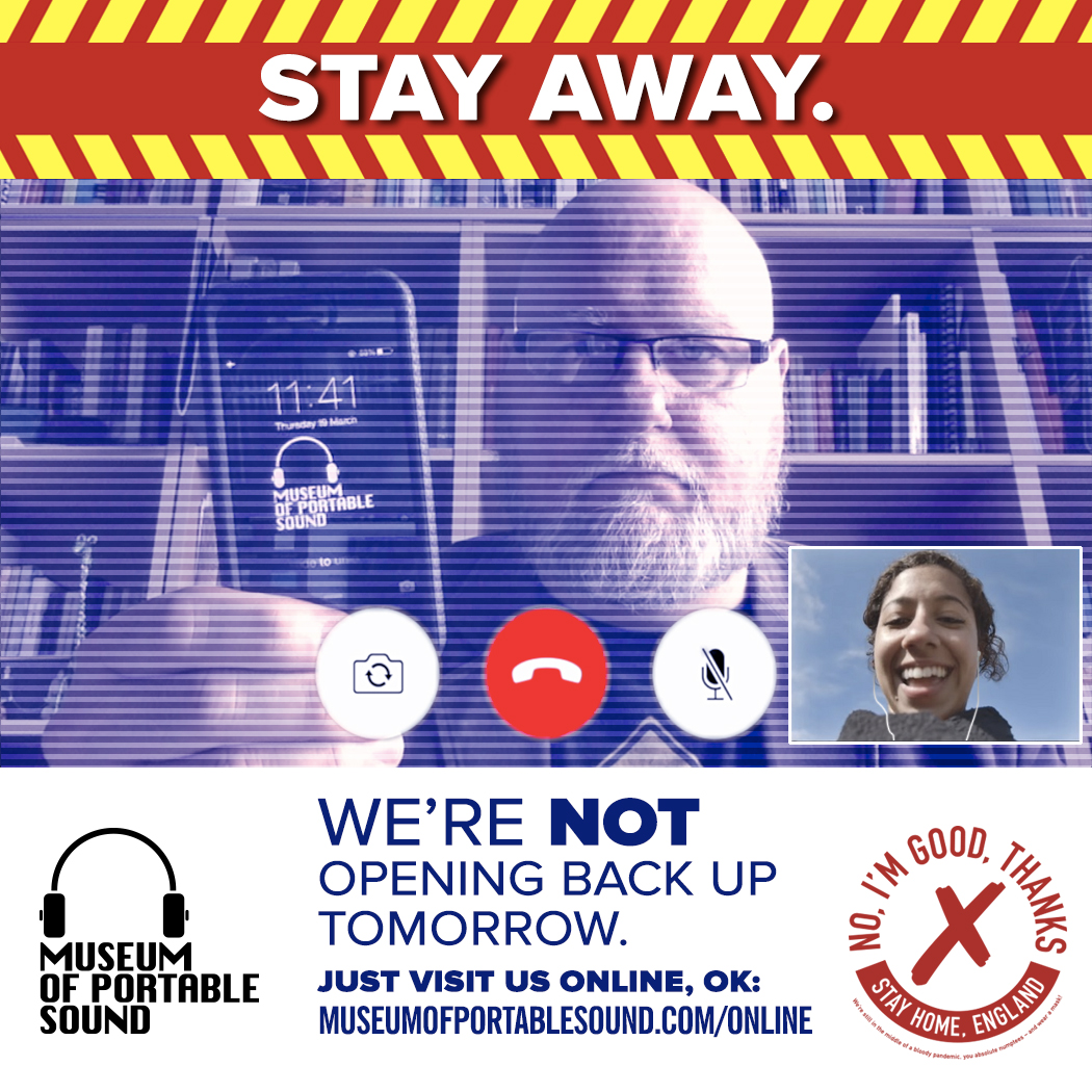 museumsound's tweet photo. ANNOUNCEMENT:
We are NOT opening back up tomorrow. We are part of #NoImGoodThanks, the #StayHomeEngland initiative.
You can still visit us, from home, online. Book here:
https://t.co/pPkx1SCkTM
And #WearAMask! Cheers. https://t.co/VRgrCE9y0r