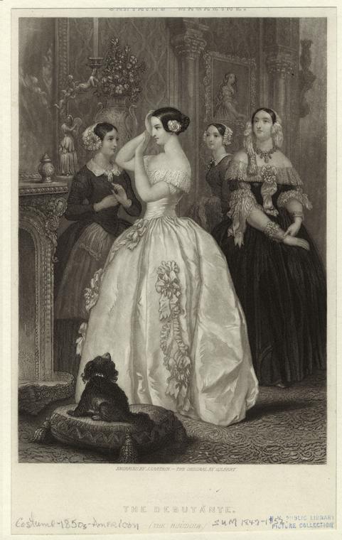 Presentation of debutantes at court during early years of the Victorian era was called “coming out”. They were dressed in a gown much like a wedding dress and carried a bouquet.