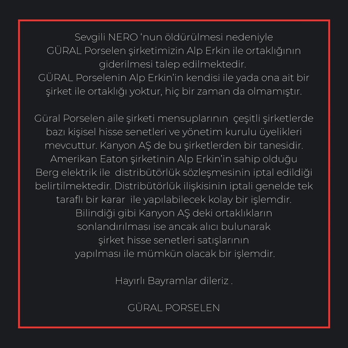 guralvit's tweet photo. Sevgili NERO ‘nun öldürülmesi nedeniyle GÜRAL Porselen şirketimizin Alp Erkin ile ortaklığının giderilmesi talep edilmektedir. 
GÜRAL Porselenin Alp Erkin’in kendisi ile yada ona ait bir şirket ile ortaklığı yoktur, hiç bir zaman da olmamıştır.

GÜRAL PORSELEN https://t.co/Ptld8uHHbT