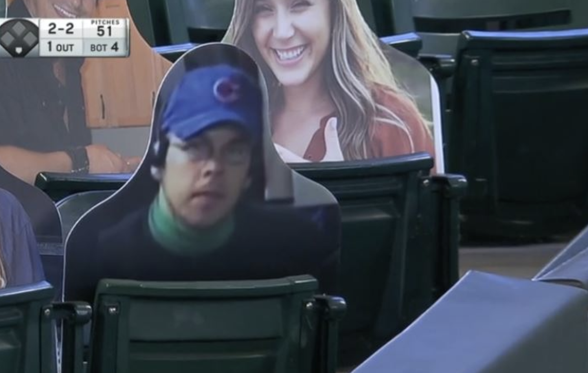 MLBONFOX's tweet image. There's really a Bartman cutout on the LF foul line area at the A's-Mariners game today 😂