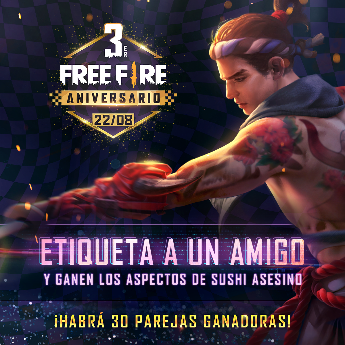 Y la primer dinámica que tenemos es... 👀

¡Etiqueta a un amigo y ganen juntos al Sushi Asesino! 🍣🔪

¡No olvides dejar ambos ID para ganar! ✨ ¡Mañana anunciaremos a los ganadores solo a través de Twitter.com/FreeFireLatino! 👈🏻