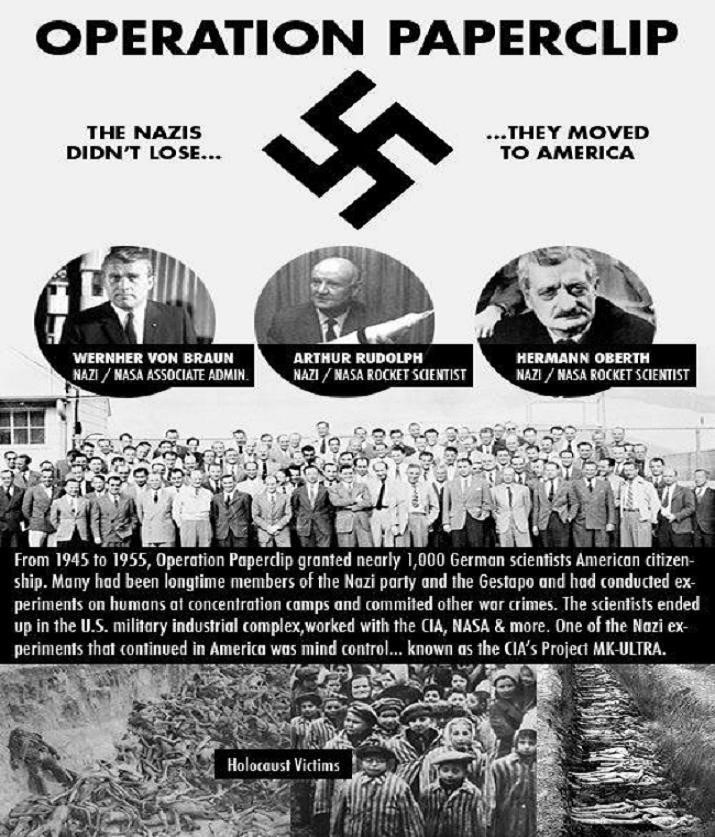 10The C!A brought over 1,600 Nazi German Scientists, who were war criminals.It was called "Operation Paperclip"The most known is Warner Von-Braun the inventor of the rocket engine and V2 Saturn Rocket.The SS Nazi war criminals used concentration camp slave labour.