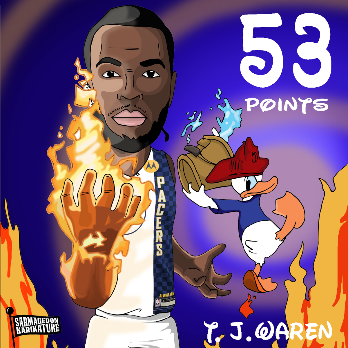 KSarmagedon's tweet photo. There was one very hot hand in here! Donald Duck, do something! @Pacers @TonyWarrenJr  #nba #indianapacers #tjwaren #53points  #donaldduck #disneyland #karikaturesarmagedon https://t.co/3lbAgYbs3Q
