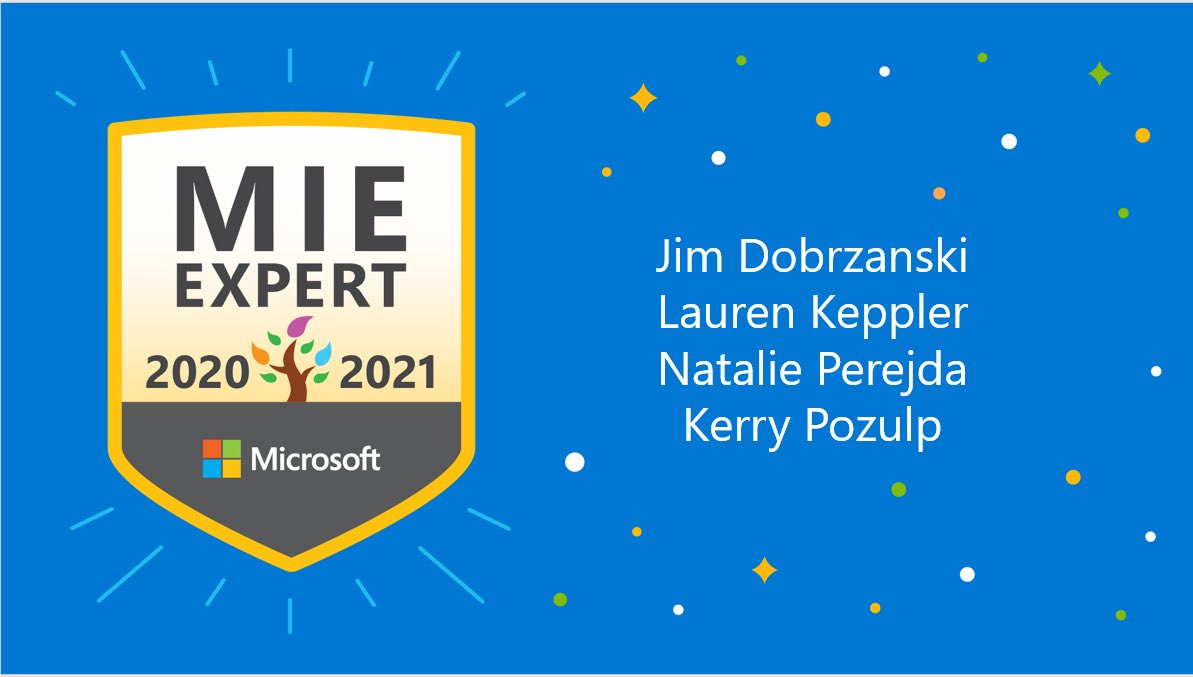 So proud of my fellow <a href="/Morton201/">Morton 201</a> #MIEExperts for 2020-2021, <a href="/natalie_perejda/">Natalie Perejda</a>, <a href="/jdobrzanski84/">James Dobrzanski</a>, @KerryAPozulp, &amp; <a href="/kepplerlauren/">Lauren Keppler</a>! Can’t wait to experience another year with my MIE partner &amp; motivator, Natalie, &amp; our newest cohort colleagues! #mortonpride #orgullomorton #MicrosoftEDU