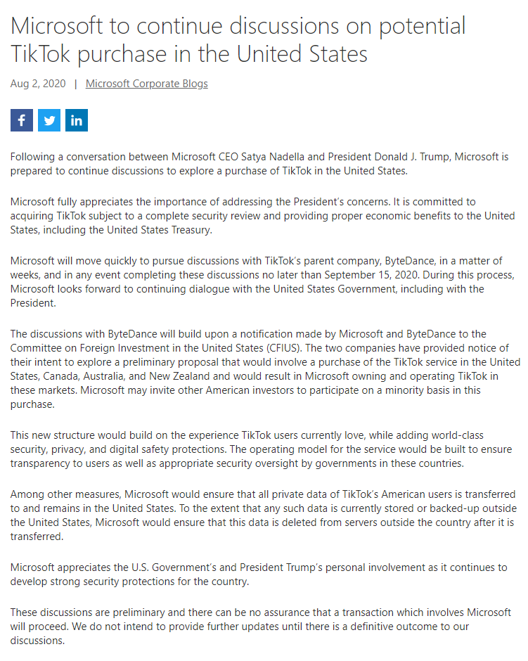 CNBCnow's tweet photo. BREAKING: Microsoft says after CEO Satya Nadella &amp; President Trump spoke, the company "is prepared to continue discussions to explore a purchase of TikTok in the United States."
The company will "move quickly" and complete deal talks no later than Sept. 15
https://t.co/jn8limUSe7 https://t.co/6au6qyR8b6