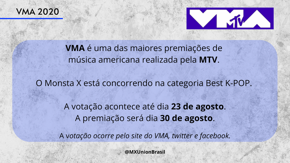 MXUnionBrasil's tweet photo. ✨TUTORIAL VMA✨

↣ Veja como votar na categoria Best K-POP do VMA!
↣ A votação ocorre pelo site, Twitter e Facebook!

#몬스타엑스  #원호
#MONSTA_X  #WONHO
@OfficialMonstaX @official__wonho https://t.co/u3dPzip2td