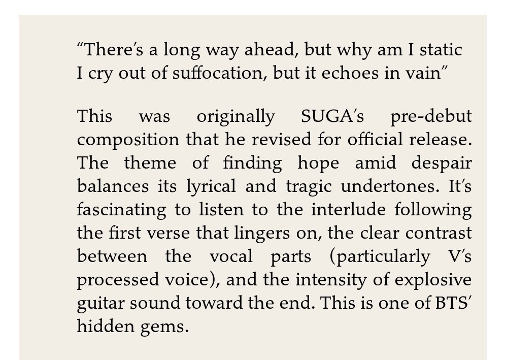 Insight: TomorrowThis was originally SUGA’s pre-debut composition that he revised for official release.Listen:  https://open.spotify.com/track/1n99s09TM651WSXOMxyoHF?si=a6UlgOPPRRueq1DoUuF6cw