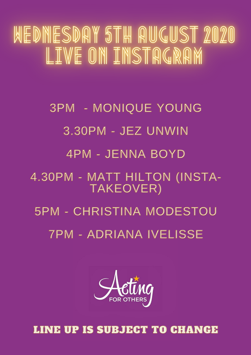 3pm - Monique Young <a href="/MoniqueBYoung/">Monique Young</a> 
3.30pm - Jez Unwin <a href="/jezunwinmusic/">Jez unwin</a> 
4pm - Jenna Boyd @JennaBoydUK 
4.30pm - Matt Hilton <a href="/Matt_HiltonMT/">Matt Hilton</a> 
5pm - Christina Modestou <a href="/CModestou89/">Christina Modestou</a> 
7pm - Adriana Ivelisse @adriaivelisse 

All are subject to change.
justgiving.com/fundraising/be…