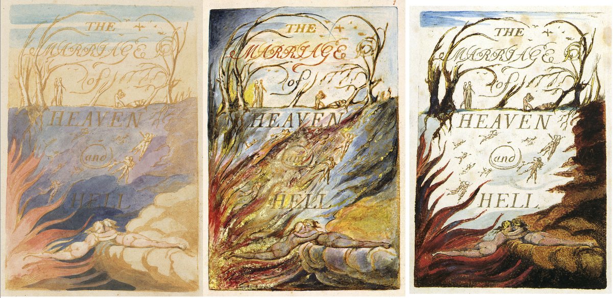 Blake_Society's tweet photo. The first question for tonight's #BlakeBookClub then is simple (or perhaps not). Which version of #TheMarriageofHeavenandHell is your favourite? Which of the copies visible in @BlakeArchive https://t.co/5PKDyaxSh1 strikes you as the best visual treatment of its themes and ideas? https://t.co/VSMDNuesXT