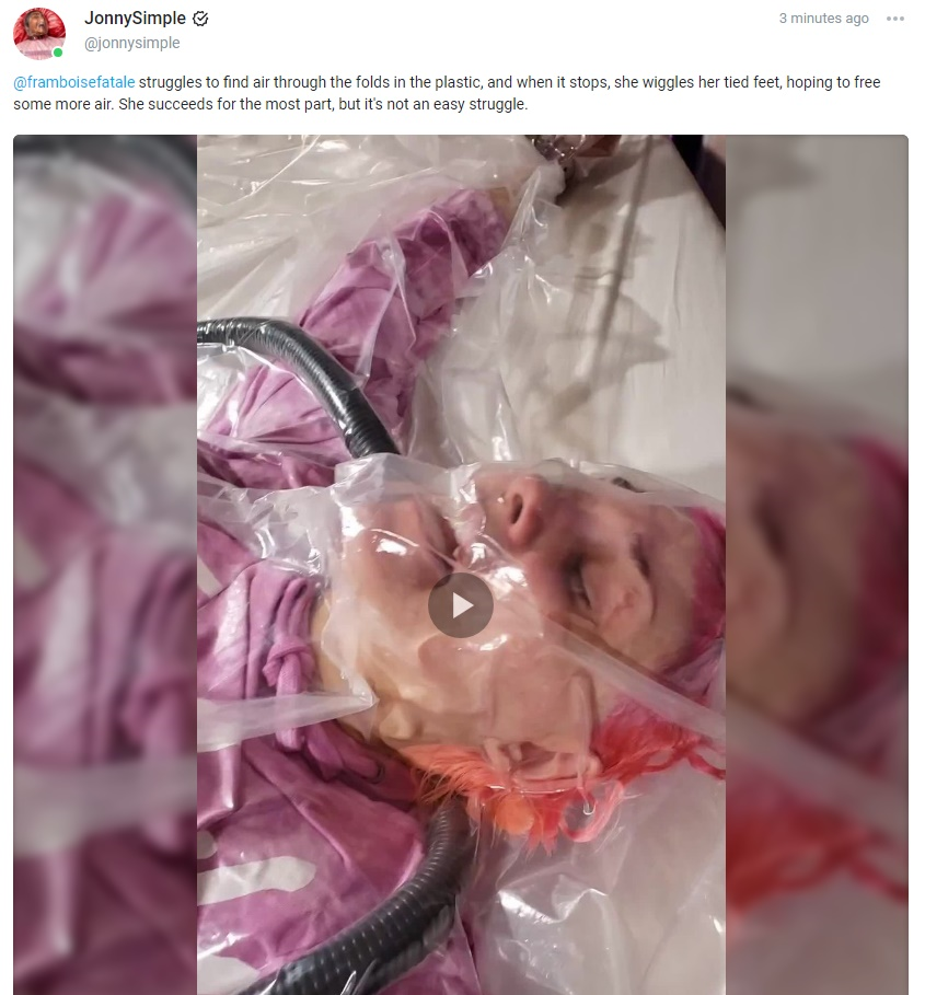 JonnySimpleTwo's tweet photo. Some more of @framboisefatale under my control, devilishly letting her fend for her own needs, being air of course.  She gets little teases of air, as it slips through the folds of the plastic, up from her feet.
#breathplay #vacbed #vaccuumbag
https://t.co/YgzXtzkmN2 https://t.co/hgw8WrZBlX