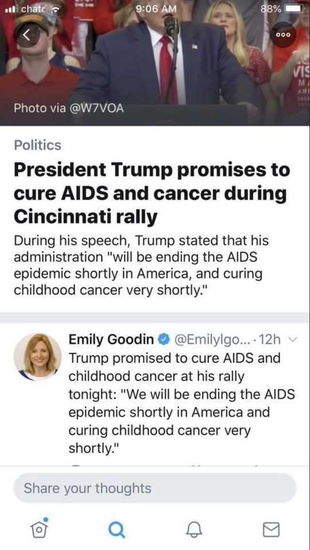 SpiralLost's tweet photo. how long after this rally do you think #DonaldTrump forgot about his promise to end #AIDS &amp; #CANCER as a deflection from trying to start WW3 with China? (Aug.1/2019) https://t.co/Q5qVpTFImi