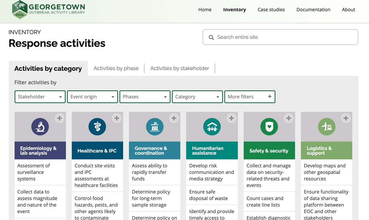 Proud of <a href="/georgetown_ghss/">The Center for Global Health Science & Security</a> <a href="/RebeccaKatz5/">Rebecca Katz</a> <a href="/GUGlobalHealth/">Georgetown Global Health Institute</a>: Launches Georgetown Outbreak Activity Library (GOAL): Vital resource to describe what needs to be done, when, &amp; by whom for all phases of outbreak preparedness, response, recovery.

Access it at GOAL.ghscosting.org