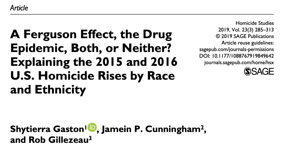 654/ "Police killings of unarmed Blacks and unarmed Hispanics have a significant, positive effect on Black homicide changes." & "The actual killings of unarmed civilians ... and not just the public’s protest against them, drive the effect [of increased homicides]."