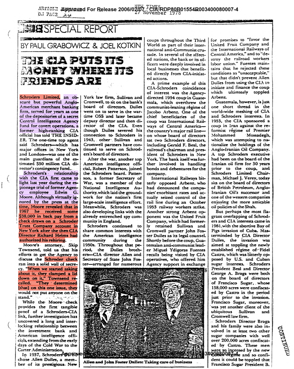 Schroder's CIA ties would make the news again in 1976, not long after Paul had sold his stake in his venture backed by Time/Schroder and returned to NBC. This connection resurfaced thanks to the very very (very) bizarre espionage case of former CIA employee, Edwin Gibbons Moore