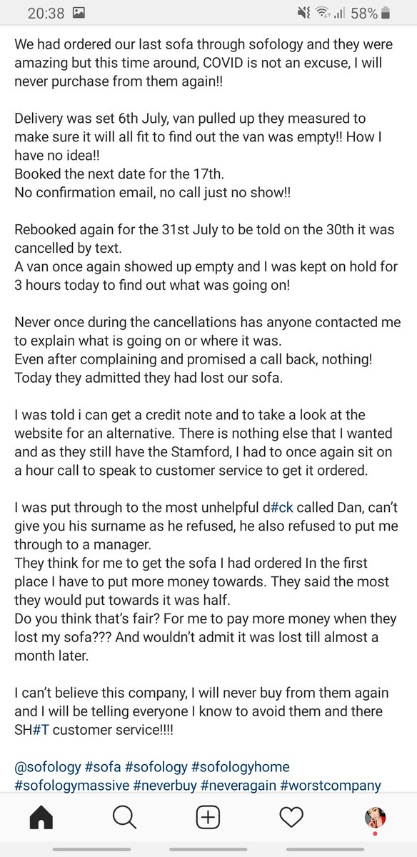 MakeUpMistr3ss's tweet photo. Just spreading the word. My sister has had the worst experience ever with @Sofology you lost her sofa, with no realistic resolution and refusal to talk to management. You're ridiculous. #dontbuyfromthem https://t.co/CoYYpBH73S