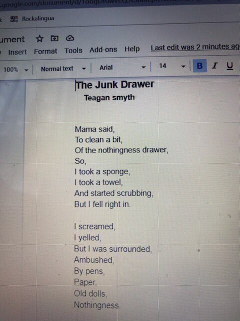 historycomics's tweet image. In the middle of packing to move. I asked my 10 year old daughter to pack up a junk drawer. Came back an hour later and nothing was done, except for this poem. I’m not even mad.