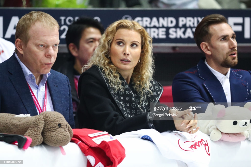 And that wasn't all. The very same day Trusova announced she was leaving, so did Sergei Dudakov, Eteri's jump coach. He's on the far right here. (I had to Google his name for this, because everyone just calls him "Hot Sergei")