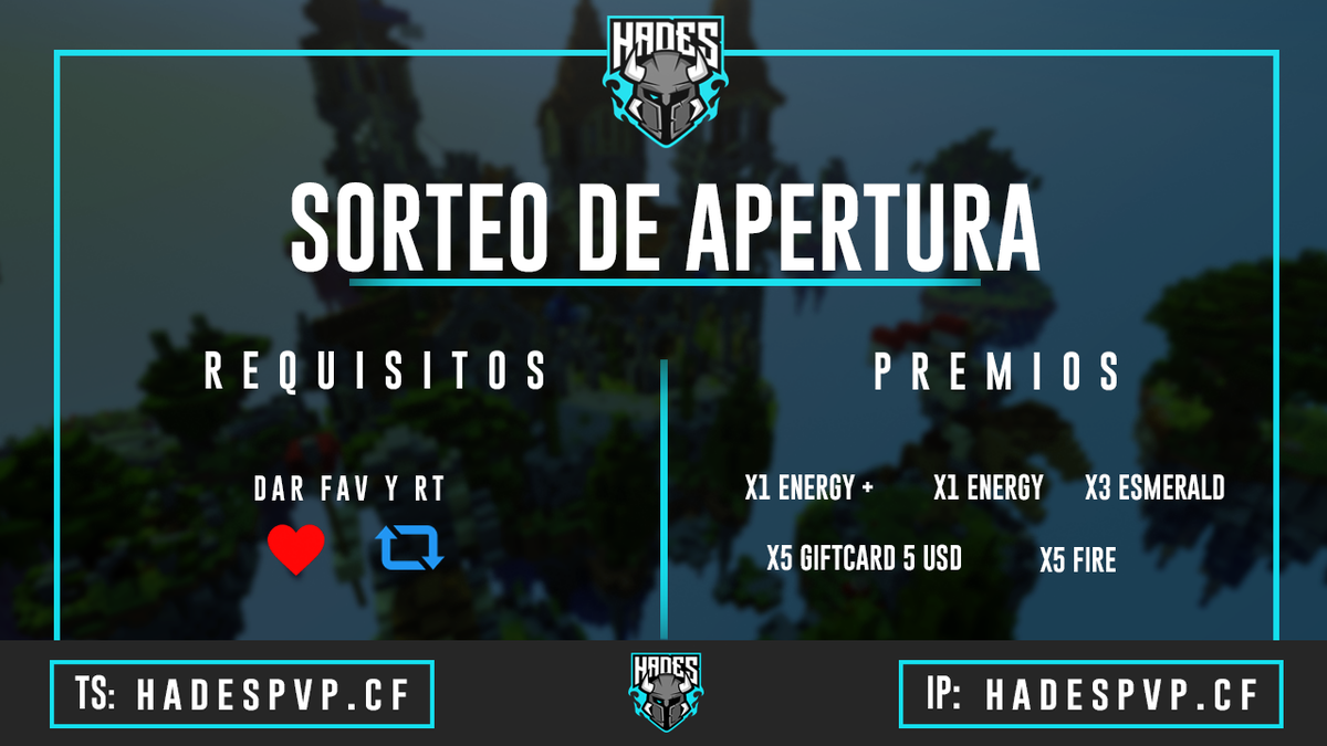 HadesPvPNetwork's tweet photo. - SORTEO DE APERTURA -
x1 Energy+ Rank
x1 Energy  Rank
x3 Esmerald
x5 Fire Rank
x5 Giftcard 5 USD [HadesStore]

- REQUISITOS - 
- Dar RT
- Dar FAV
- Tagear a 3 amigos
- Seguir a @HadesPvPNetwork 
[PARA MAS POSIBILIDADES COLOCARSE EN EL NOMBRE]
#HADESPVP 

TERMINA EL 06/AGOSTO/20 https://t.co/x5tm9vKByI