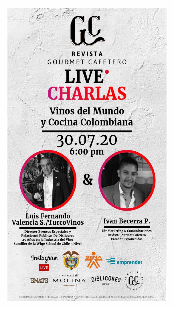 CafeteroGourmet's tweet photo. #LiveCharlas @CafeteroGourmet Vinos del Mundo y Cocina Colombiana con @turcovinos Luis Fernando Valencia S.

Un viaje con @BodegaEnate @castillo_molina  @FincaLasMoras de @Dislicores 

Aquí 👇
https://t.co/I567BSYdw5 https://t.co/XiUlWqPbXg