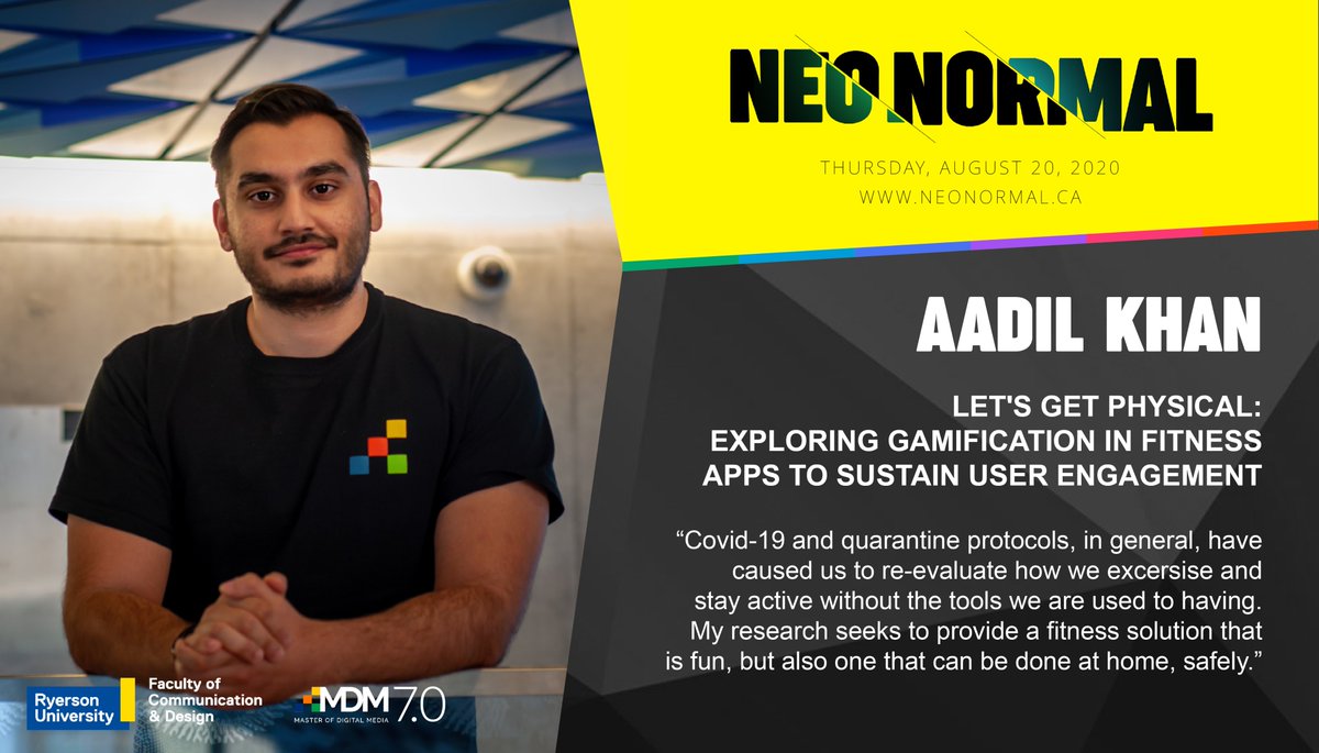 Aadil's research explores the user experience of fitness apps targeted towards non-sedentary users and seeks to understand where opportunities lie to sustain user engagement and motivation, with a particular focus on fitness games and gamification. 

🎟️: neonormal.ca