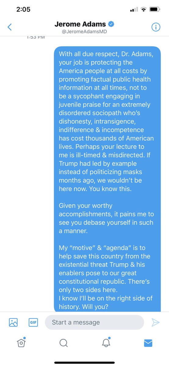 Thread:Apparently, the  @Surgeon_General has nothing else better to do on a Sunday while Americans are dying from  #COVID19, than to DM me his displeasure w/my criticism of this video & lecture ME about wearing a . I’ve decided to share that exchange so America can see the BS  https://twitter.com/tarasetmayer/status/1289968168560033793