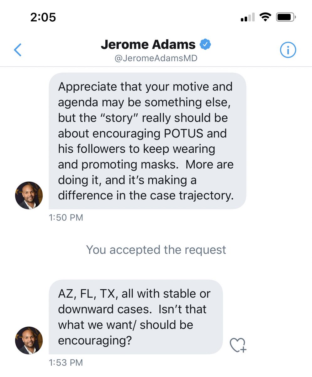 Thread:Apparently, the  @Surgeon_General has nothing else better to do on a Sunday while Americans are dying from  #COVID19, than to DM me his displeasure w/my criticism of this video & lecture ME about wearing a . I’ve decided to share that exchange so America can see the BS  https://twitter.com/tarasetmayer/status/1289968168560033793