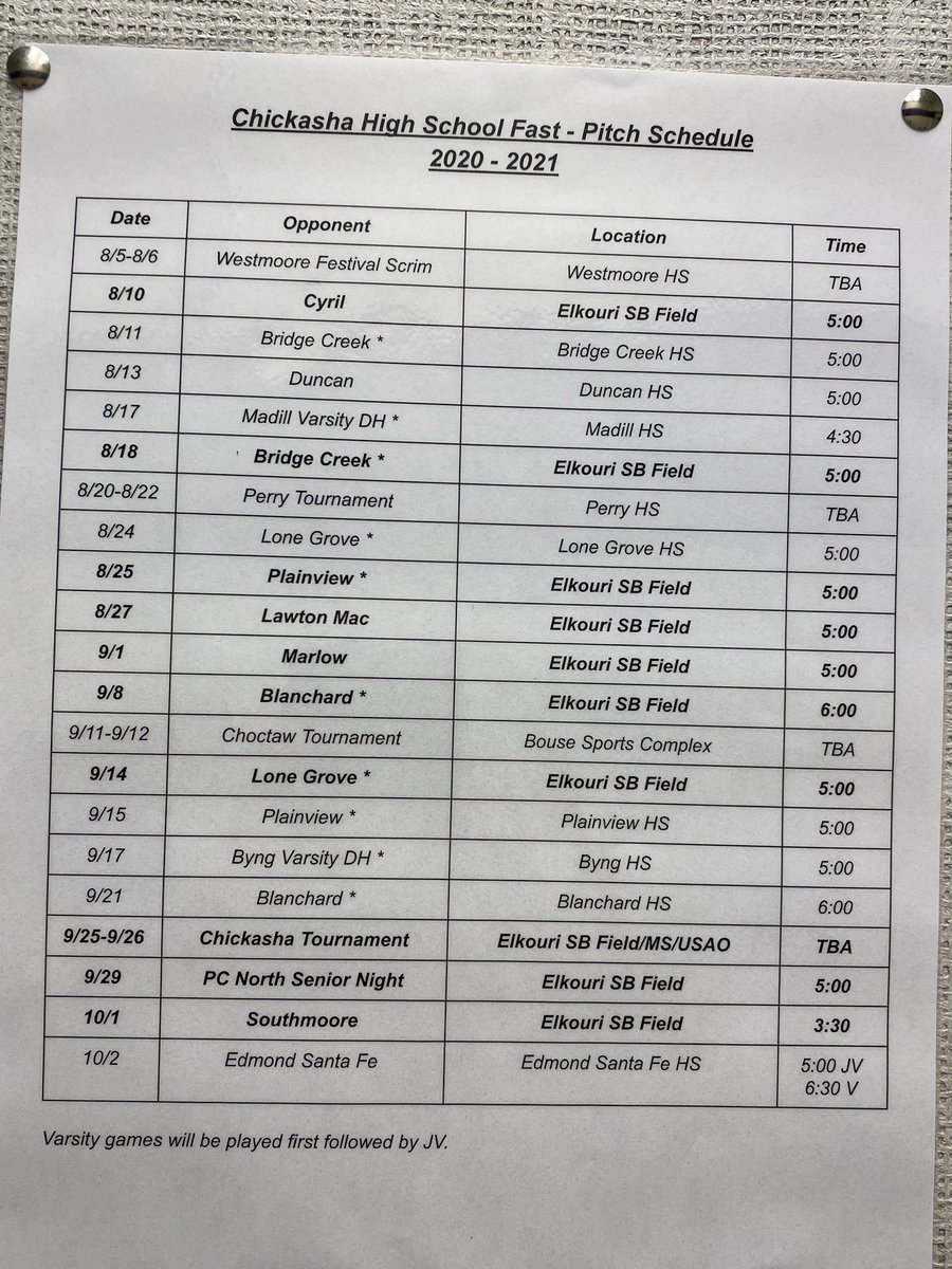🥎2020 Chickasha HS Softball Schedule🥎 Come check out our game opener August 10th, 5pm 💜💛 First 100 people get a free hotdog! 🌭 Plus shirts will be given out! 👕👚 #FightnChicks🐥 #8MoreDays #PurpleAndGold @ChickashaAthle1