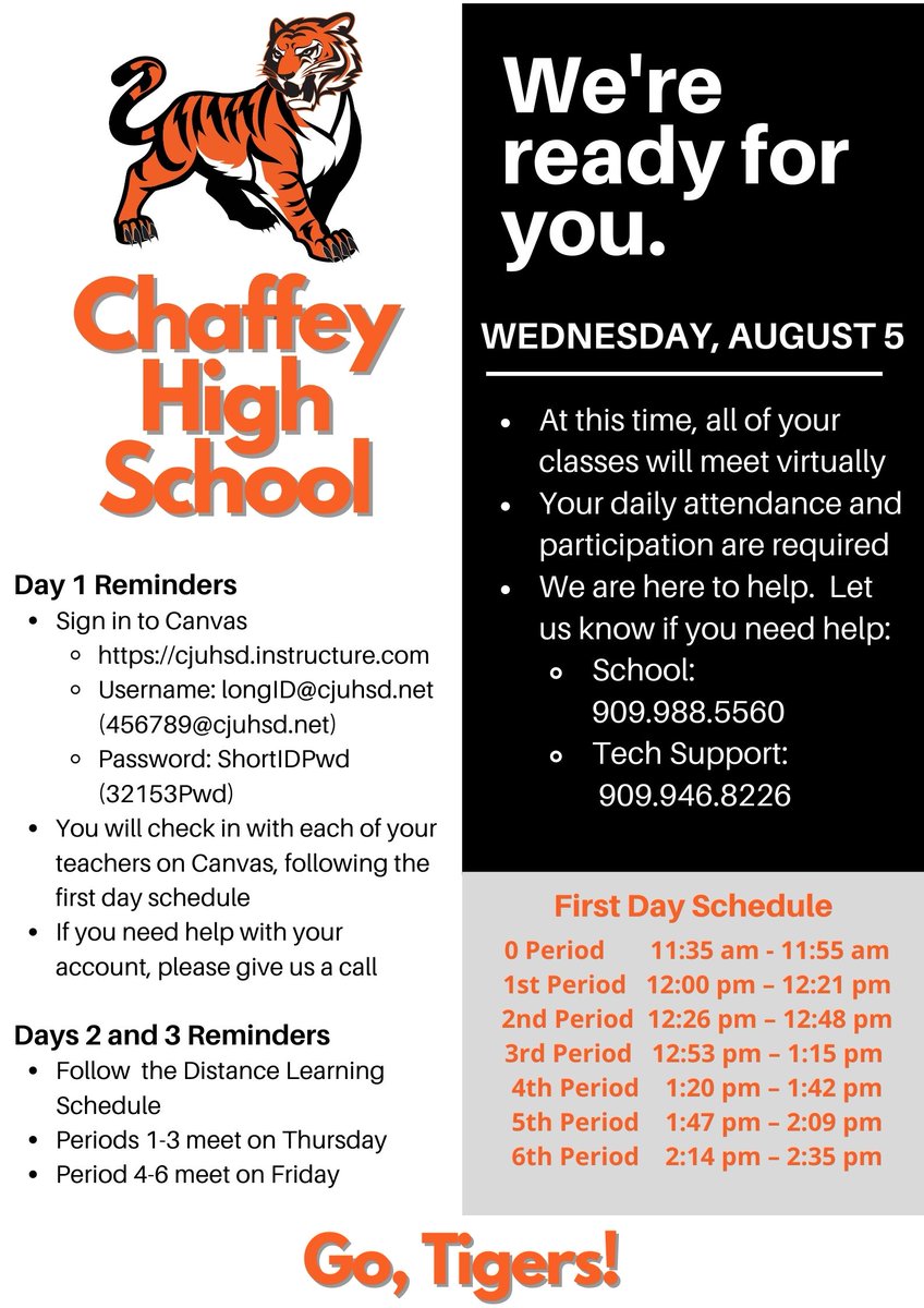 DrLHood's tweet image. TIGERS: Welcome Back!  School starts today at 11:35am (for zero period)

cjuhsd.instructure.com