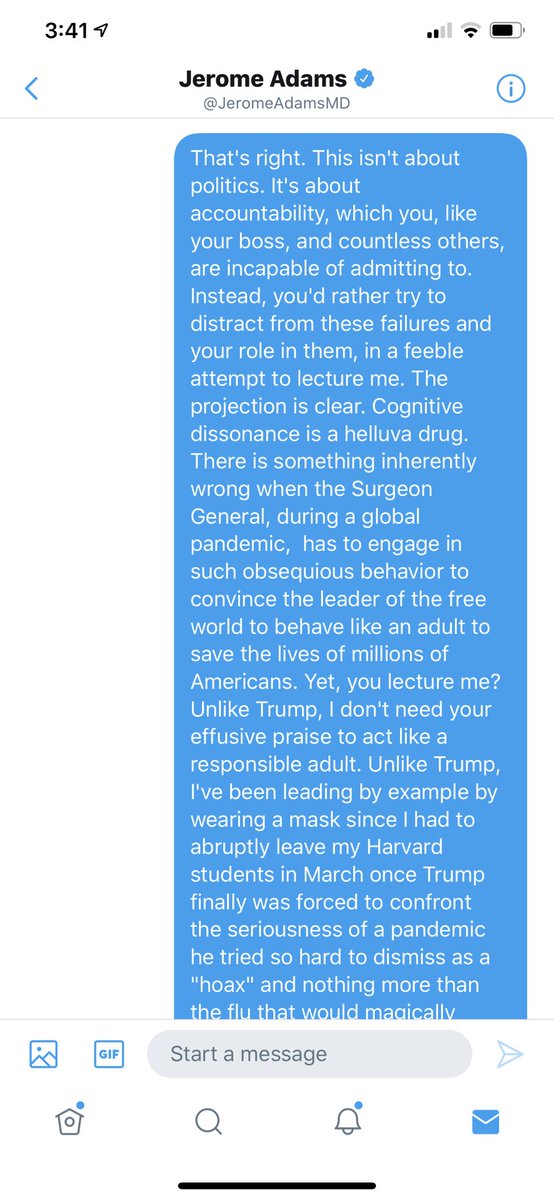 “Unlike you,  @Surgeon_General, when this is all over I’ll still have my self-esteem &credibility intact since I wasn’t the one on bended knee ass-kissing&enabling an incompetent sociopath while 157,000+ Americans were dying.” /the END